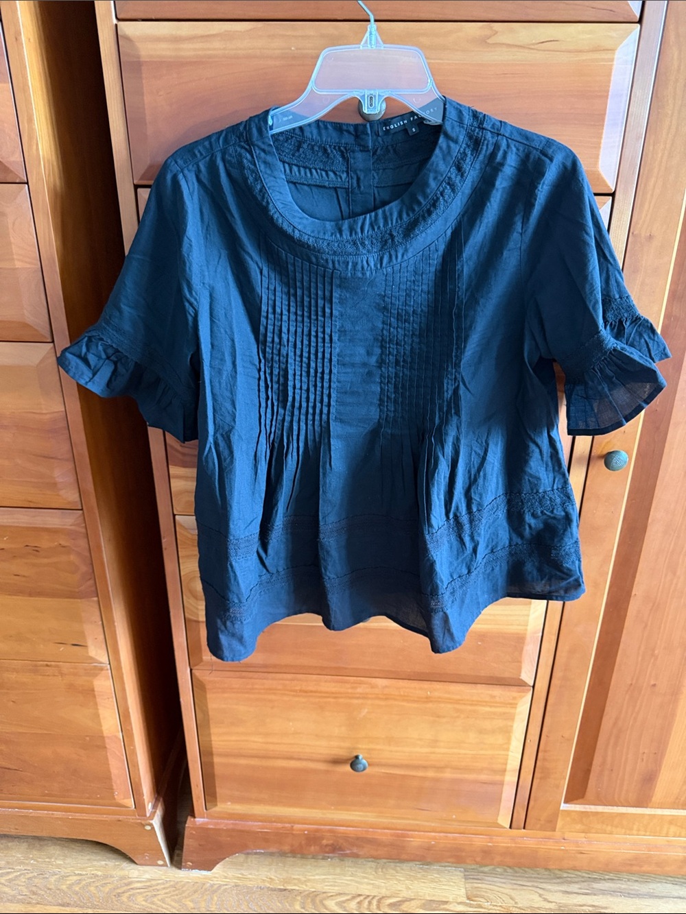 Black English Factory short sleeve top, size S, buttons down back